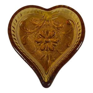 Vintage Amber Glass Heart Shaped Trinket Ring Individual Candy Dish Tray 3.5”